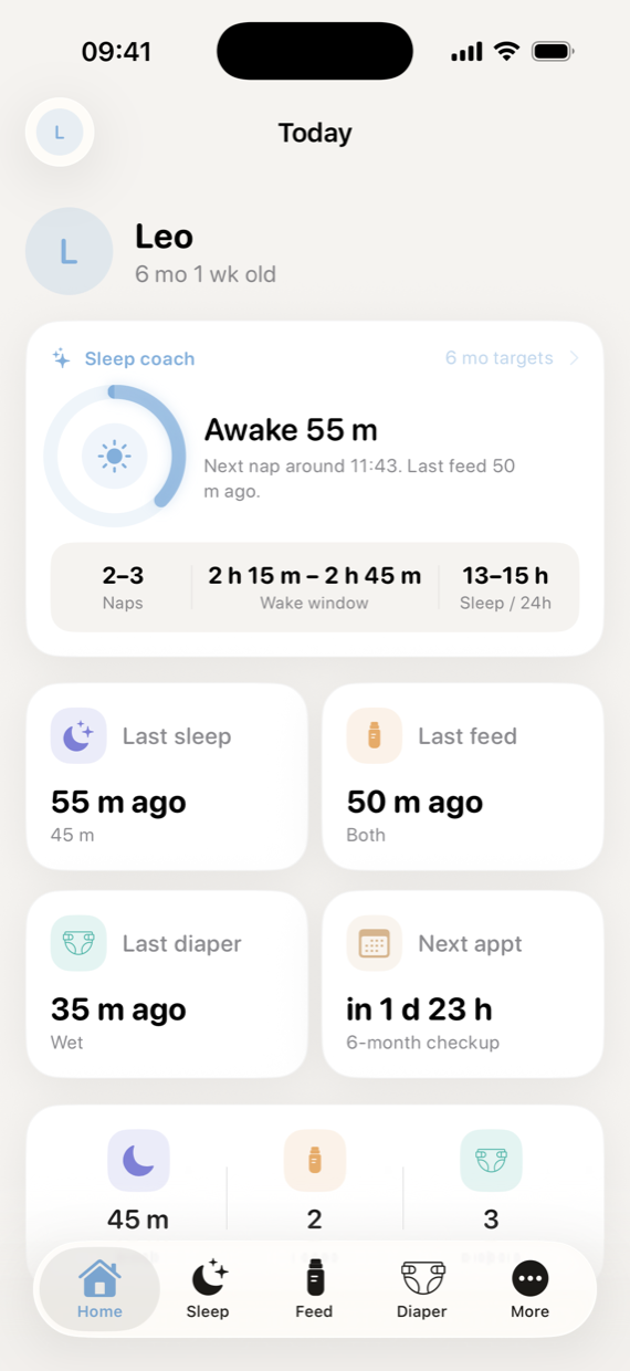 The BabyCare home screen: a sleep coach card predicting the next nap, and cards for last sleep, last feed, last nappy and the next appointment.